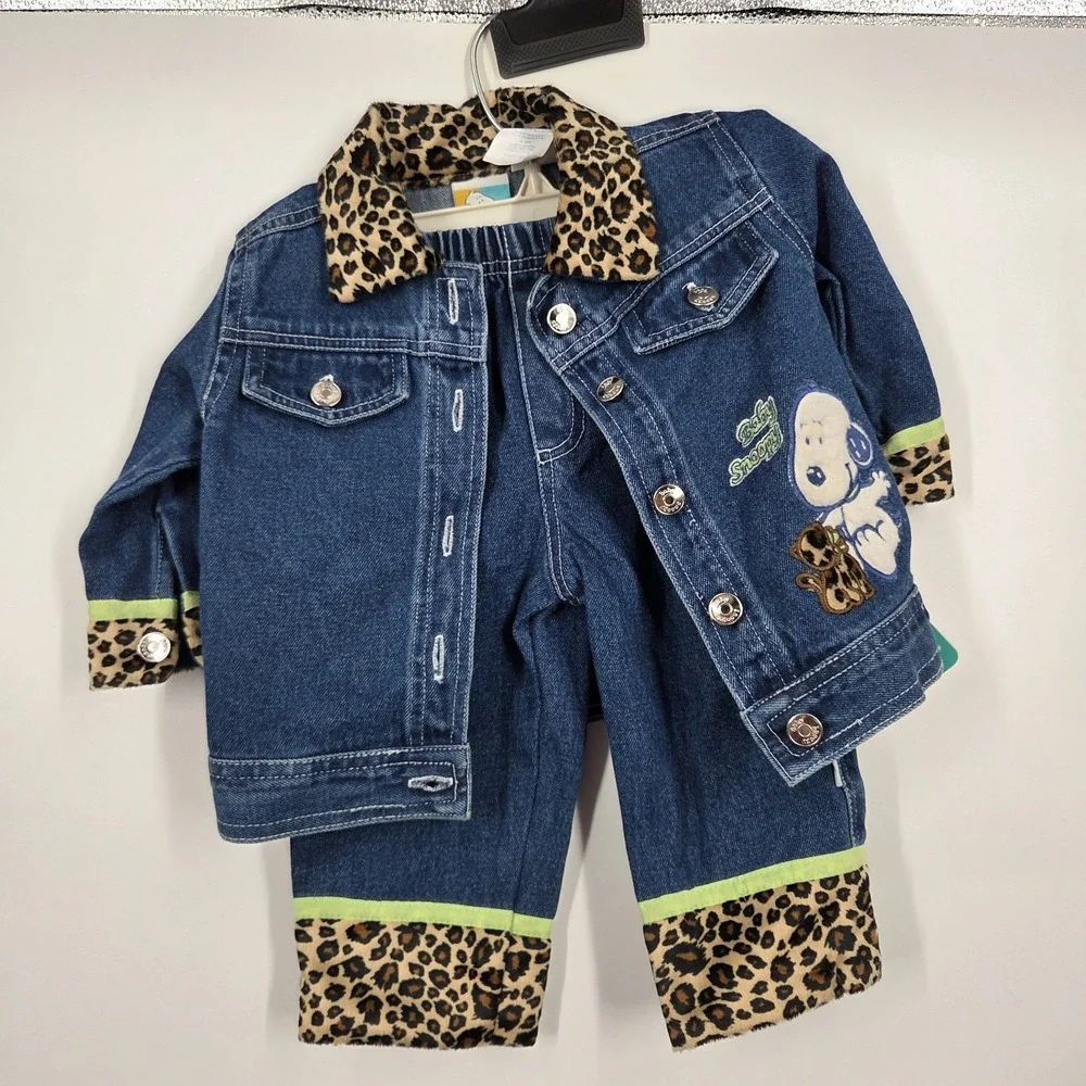 NEW VTG Baby Snoopy Vintage Denim Jacket Pants Set 12 Months Cotton Cheetah